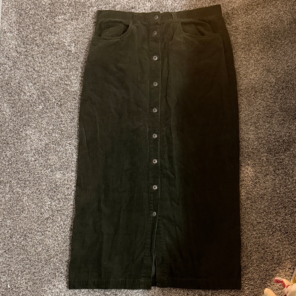 Bobbie Brooks Dark Olive Button-Front Corduroy Midi Skirt
